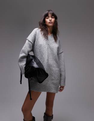 knit high v-neck mini oversized dress in gray melange