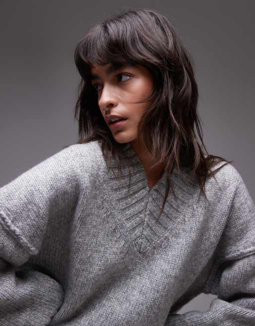 Topshop knit high v-neck mini oversized dress in gray melange, 2 of 4