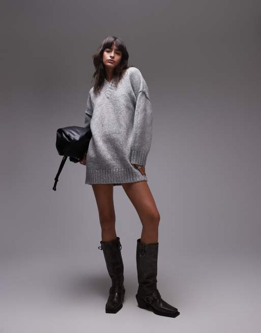 Topshop knit high v-neck mini oversized dress in gray melange, 4 of 4