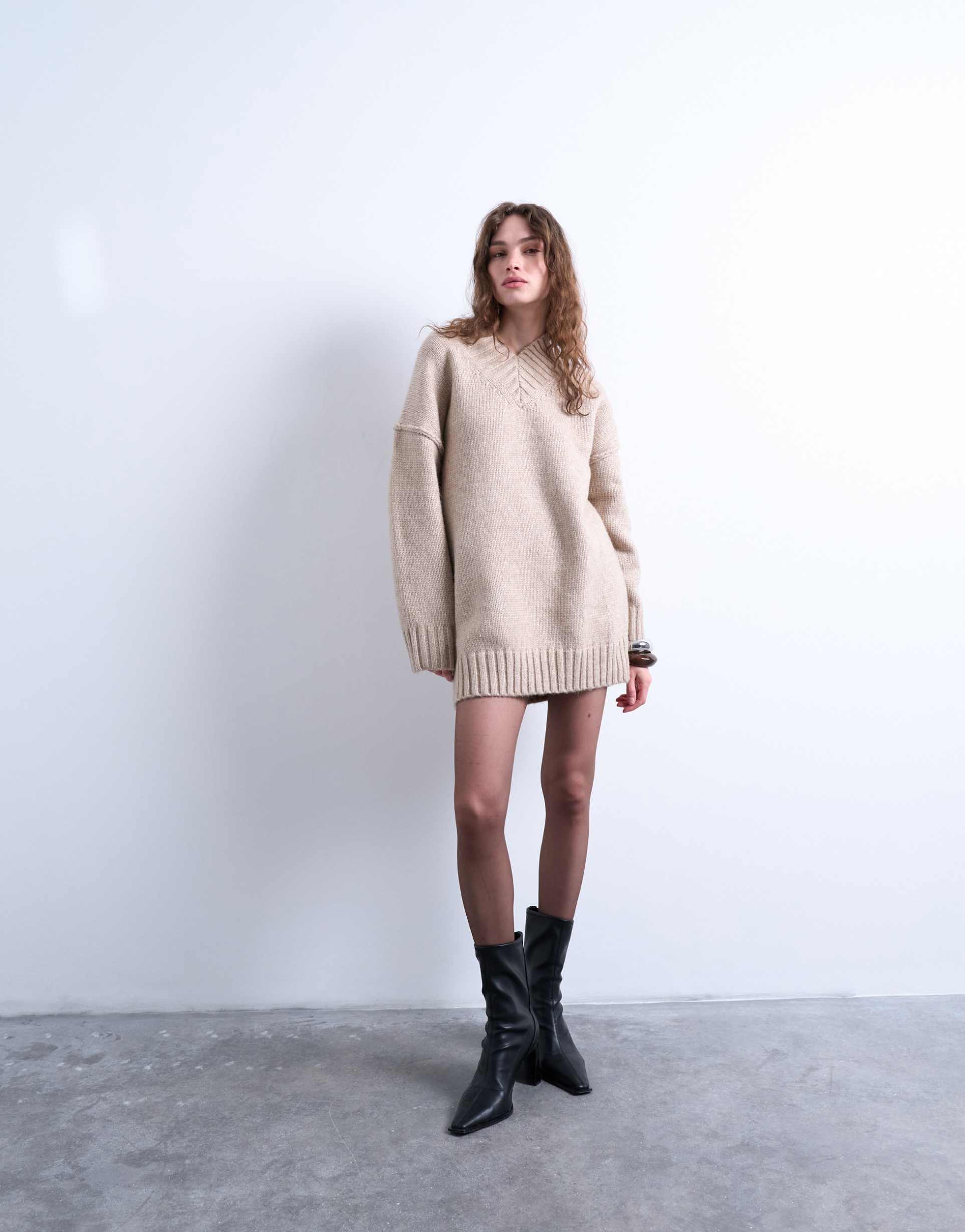topshop knit high v-neck oversized mini dress in oat