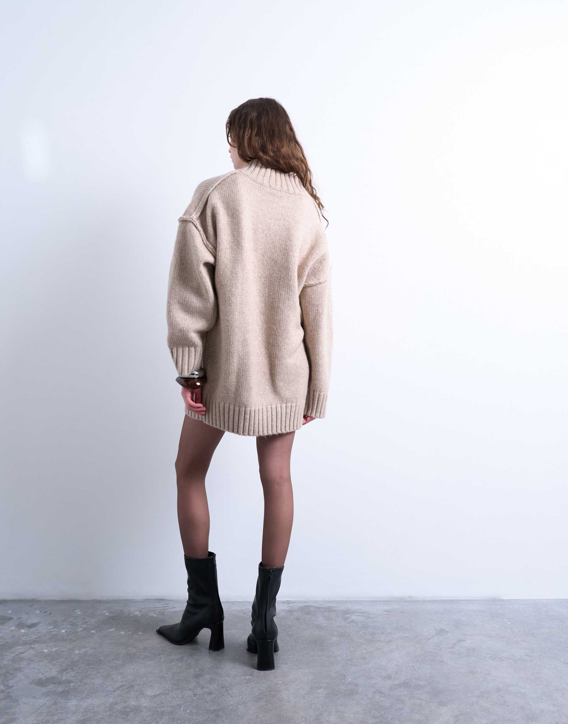 topshop knit high v-neck oversized mini dress in oat