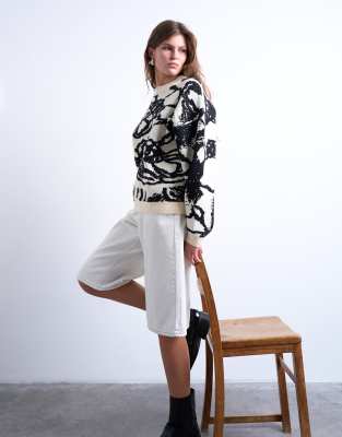 Topshop Knit Jacquard Clean Abstract Floral Sweater In Black