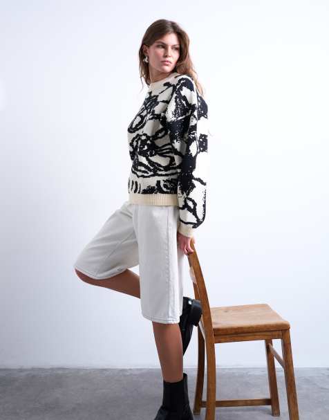 Topshop knit jacquard clean abstract floral sweater in mono - view 1