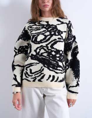 Topshop Knit Jacquard Clean Abstract Floral Sweater In Black