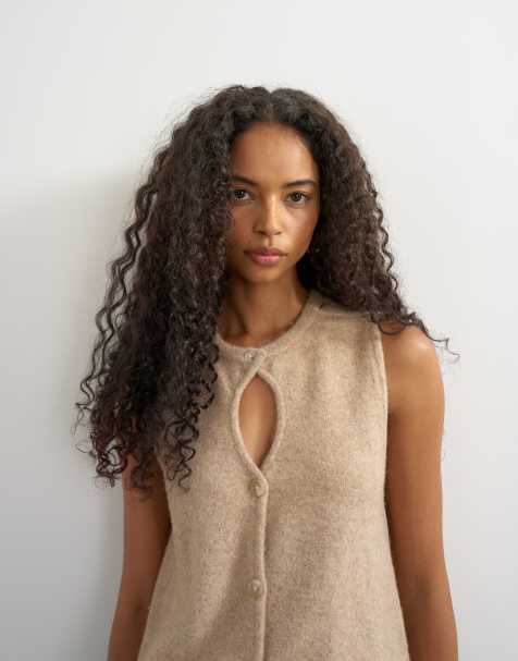Topshop knit key hole tank top in stone - view 1