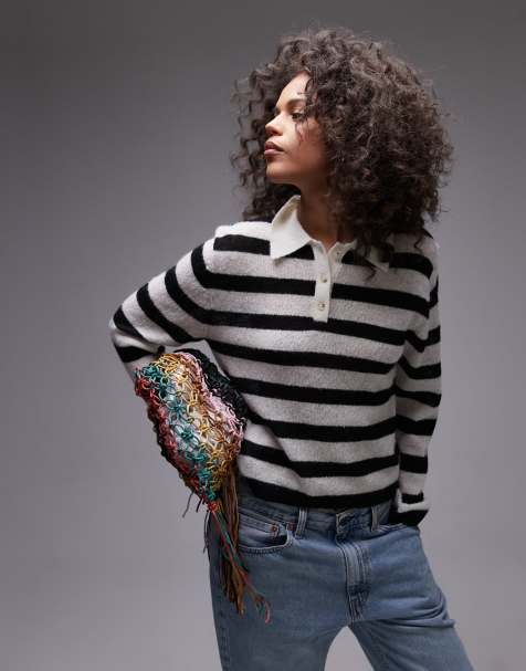 Topshop knit light weight striped polo shirt in black and white - view 1