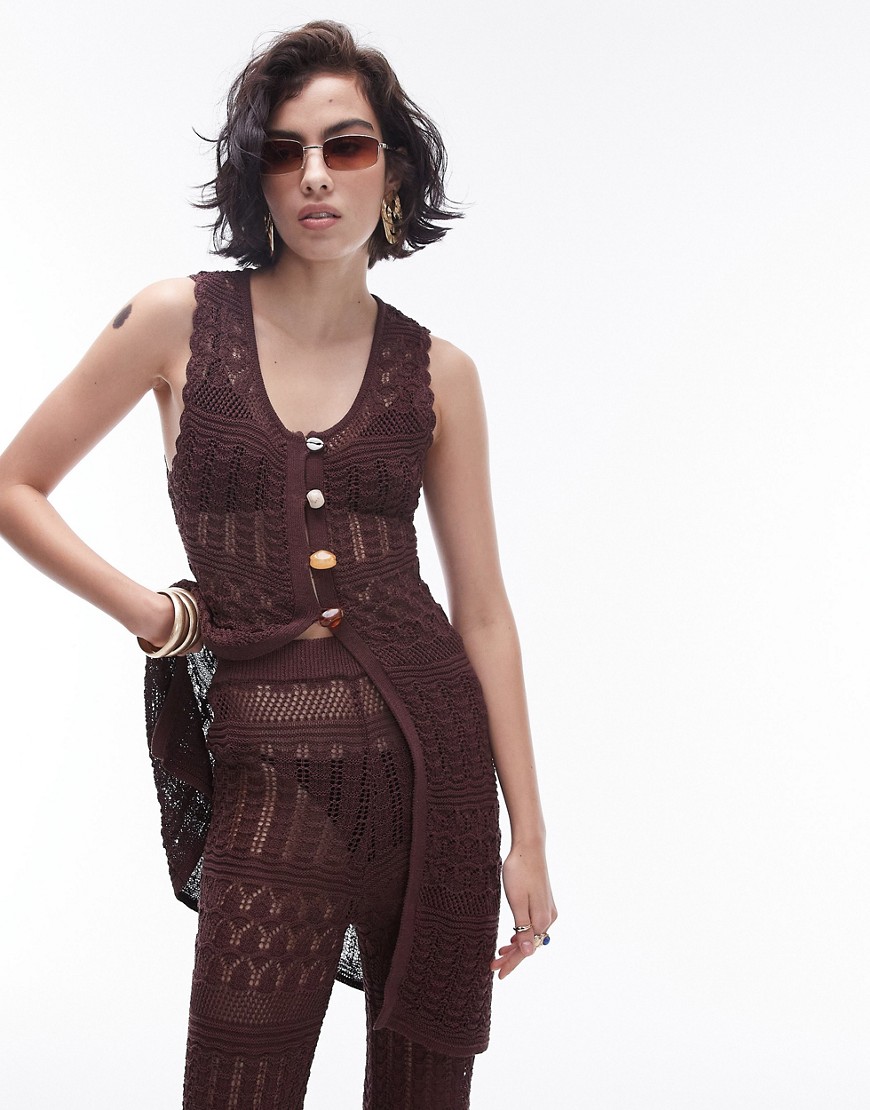 Topshop Knit Long Line Beaded Vest In Brown - Part Of A Set