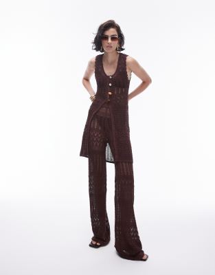 Topshop Knit Long Line Beaded Vest In Brown - Part Of A Set