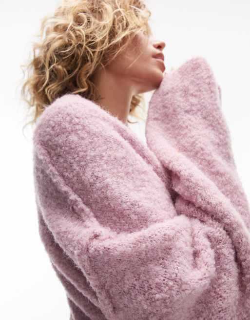 Topshop knit long line v neck boucle sweater in pink