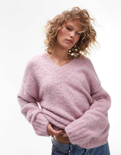 Topshop knit long line v neck boucle sweater in pink