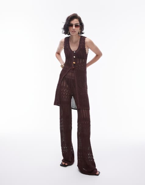 Topshop knitted long line beach trouser co-ord in chocolate