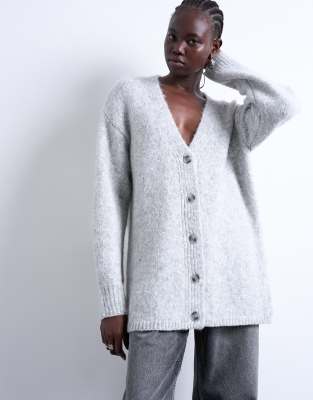 Topshop Knit Longline Easy Cardigan In Gray