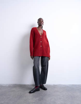 Topshop Knit Longline Easy Cardigan In Red