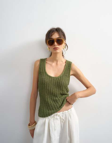 Topshop knit low scoop crochet tank top in khaki - view 1