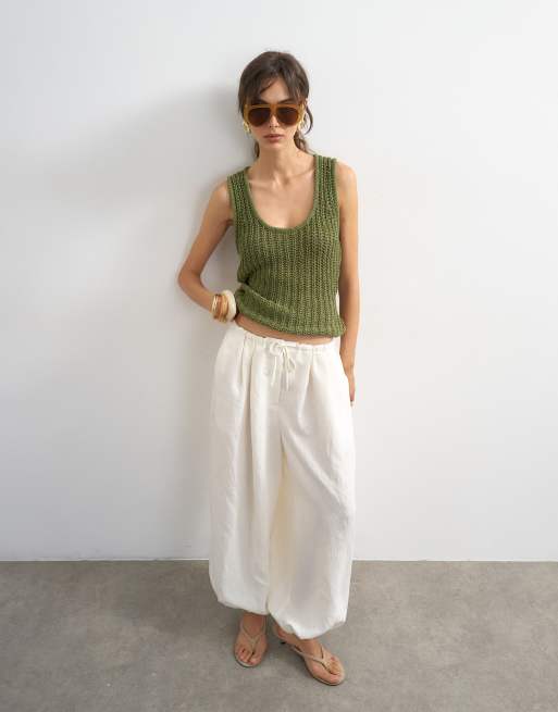 Topshop knit low scoop crochet tank top in khaki, 2 of 4