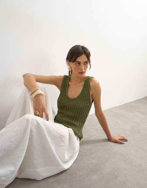 Topshop knit low scoop crochet tank top in khaki, 3 of 4
