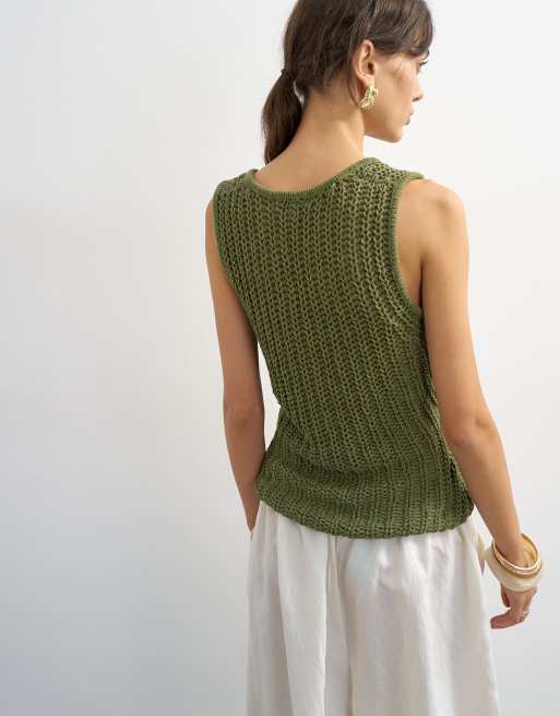 Topshop knit low scoop crochet tank top in khaki, 4 of 4
