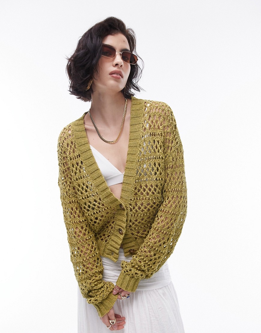 Topshop Knit Mix Stitch Cardigan In Olive-yellow