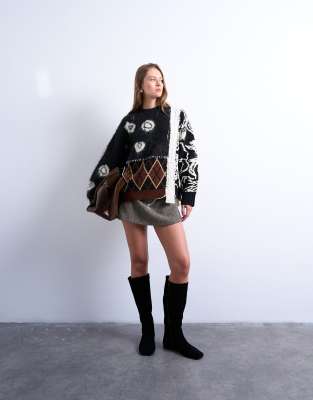 Topshop Knit Mixed Pattern Patchwork Sweater In Black