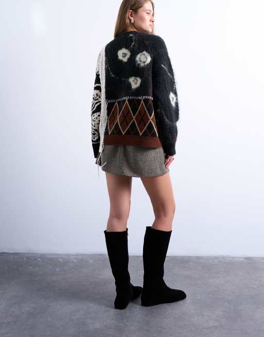 Topshop knit mixed pattern patchwork sweater in black, 4 of 4