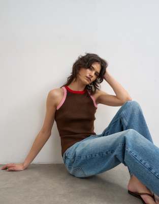 Topshop Knit Multi Color Trim Racer Tank Top In Brown