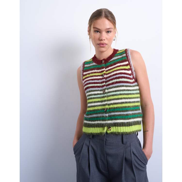 トップス Gradient Stripe Vest / Green Green Emerald Mohair Vest Striped Sleeveless Sweater Knitted
