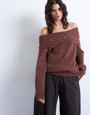 Topshop Knit Off The Shoulder Button Detailing Sweater-brown
