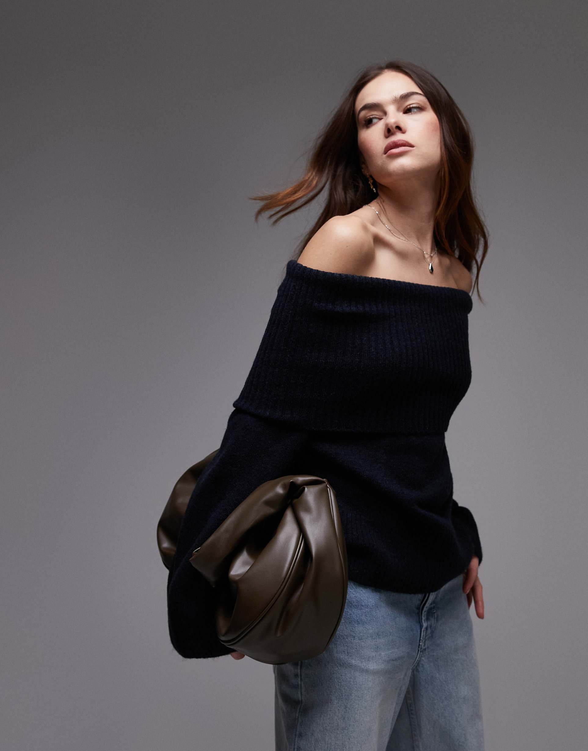 topshop knit off-the-shoulder top in navy