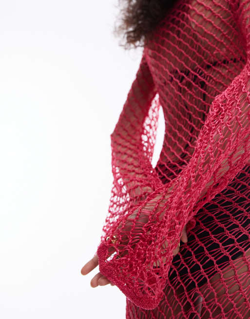 Topshop knit open stitch long sleeve maxi dress in pink, 2 of 4