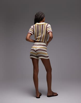 Topshop Knit Open Stitch Striped Shorts In Multi