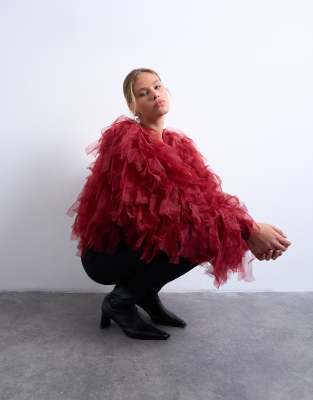 Topshop Knit Organza Extreme Texture Cardigan In Red