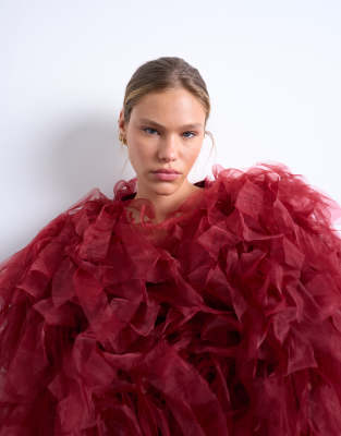 Topshop Knit Organza Extreme Texture Cardigan In Red