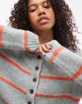 Topshop Knitted Oversized Boxy Stripe Cardigan In Blue And Orange-multi