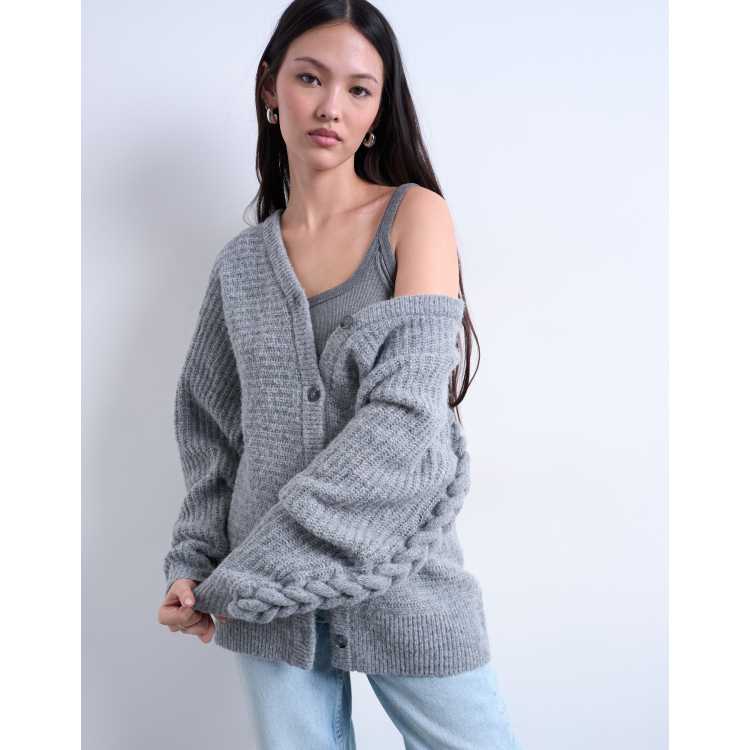 Topshop knit oversized cable sleeve slouchy cardigan in gray | ASOS