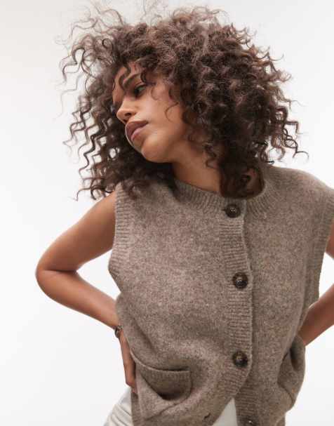 Topshop knit oversized crew pocket vest in brown - view 1