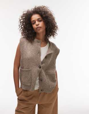 Topshop knit oversized crew pocket vest in brown