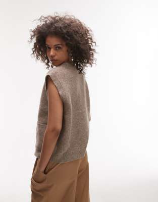 Topshop knit oversized crew pocket vest in brown