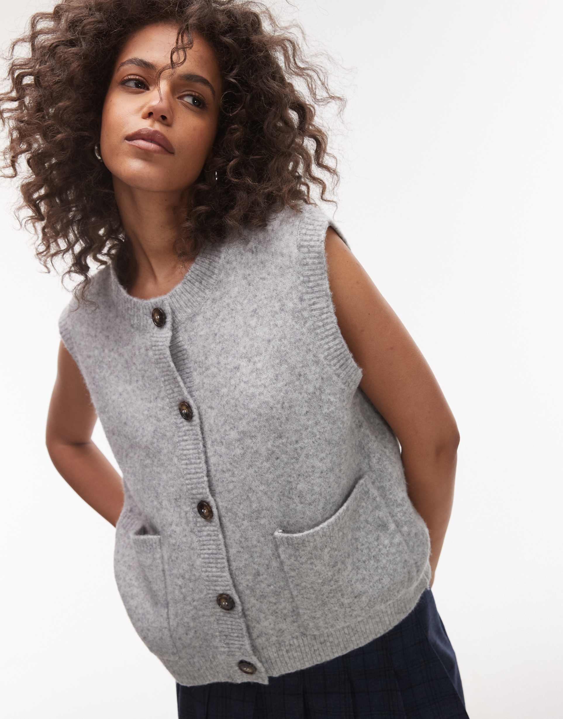 topshop knit oversized crew pocket vest in gray