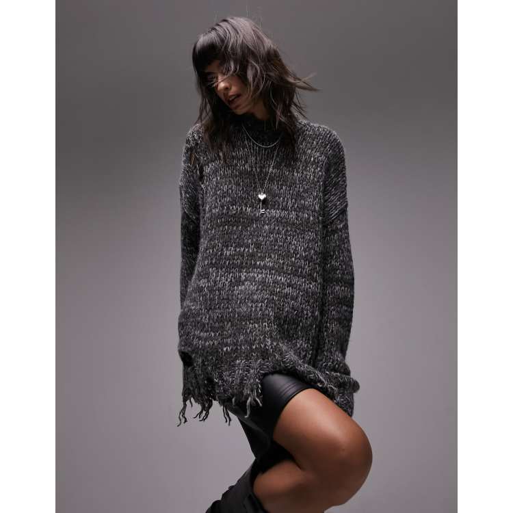 Topshop knit oversized distressed sweater in charcoal ASOS