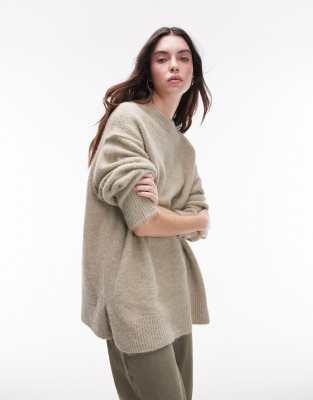 knit oversized exposed seam fluffy crew neck sweater in stone-Neutral