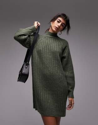 knit oversized high neck wide rib mini dress in khaki-Green