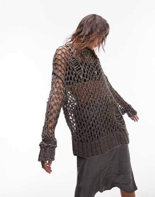 Topshop knit oversized open stitch sweater in brown ASOS