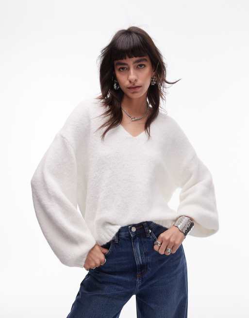 Topshop knit oversized V-neck sweater in ivory