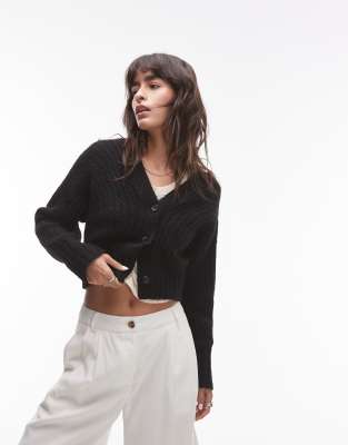 knit ovoid sleeve V-neck cardigan in black-Yellow