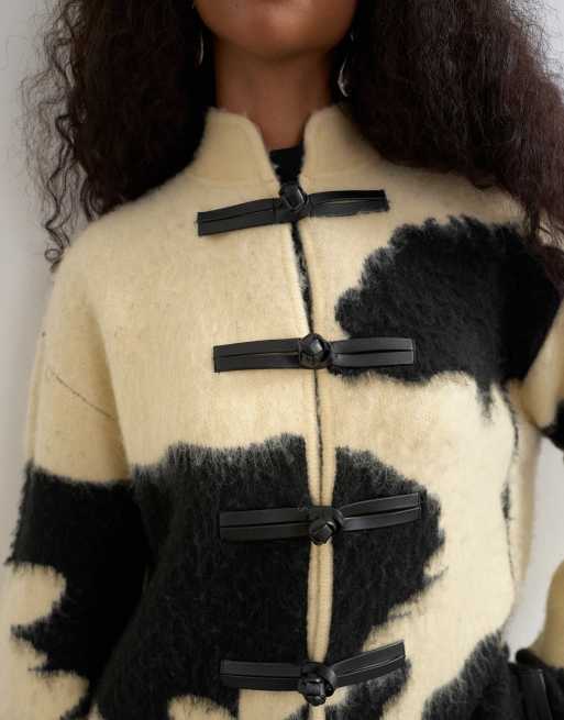 Topshop knit patterned frogging detailed jacket in black and white, 2 of 4