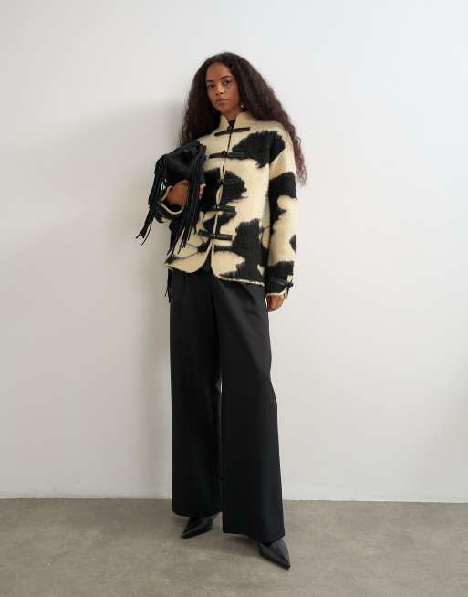 Topshop knit patterned frogging detailed jacket in black and white, 3 of 4