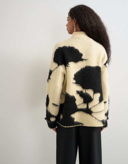 Topshop knit patterned frogging detailed jacket in black and white, 4 of 4