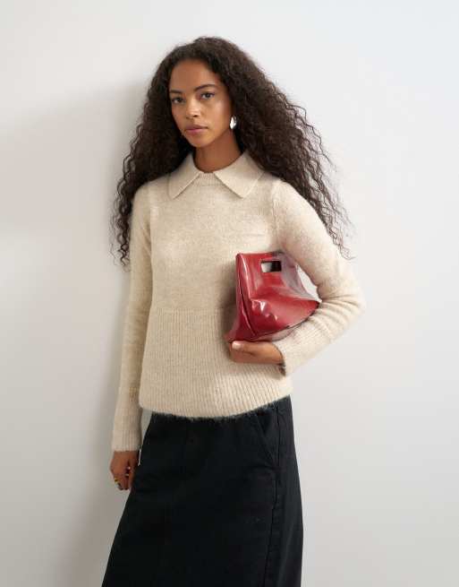 Topshop knit peplum polo sweater in oat, 3 of 4