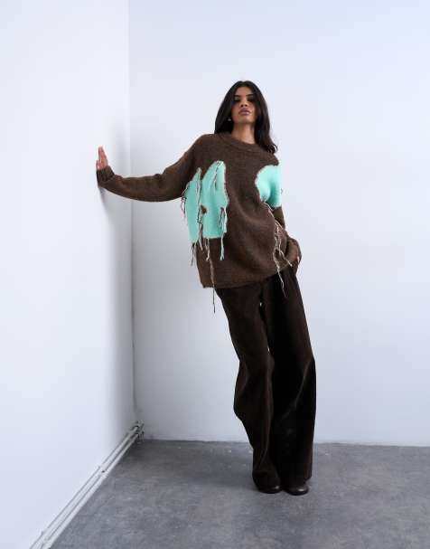 Topshop knit placement floral tassel sweater in chocolate - view 1