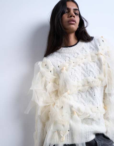 Topshop knit plaid ribbon sweater in ivory - view 1